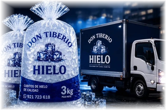Bolsas de hielo Don Tiberio y vehículo de reparto