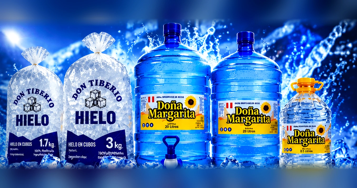 Bolsas de hielo Don Tiberio de 1.7 y 3 kg y bidones de agua Doña Margarita de 20 y 8.5 litros